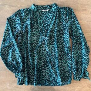 TUCKER 100% Silk Leopard Print Blouse-Aqua Green/Black-Womens Size S-Retail $295